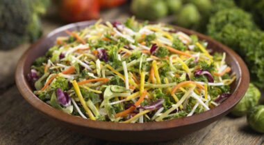 Brown bowl of shredded vegetable salad
