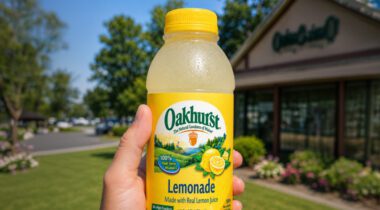 white hand holding unopened bottle of Oakhurst Lemonade