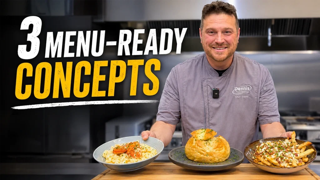 A chef presenting 3 dishes, plated food/meals. Graphic text reads 
