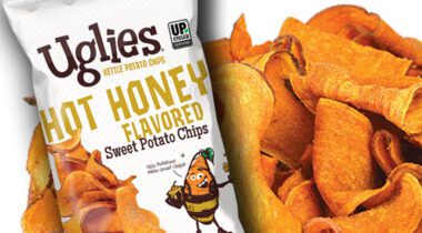 bag of Uglies Hot Honey Flavored Sweet Potato Chips over pile of orange chips