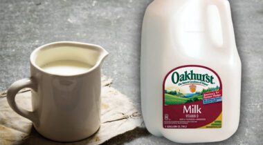 Fresh milk in a mug next to gallon jug of Oakhurst whole milk