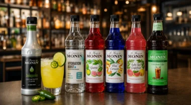 bottles with colorful liquids on a counter in a restaurant