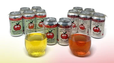 glasses of sparkling cider, one golden, one red hued, 12 oz cans of cider in background