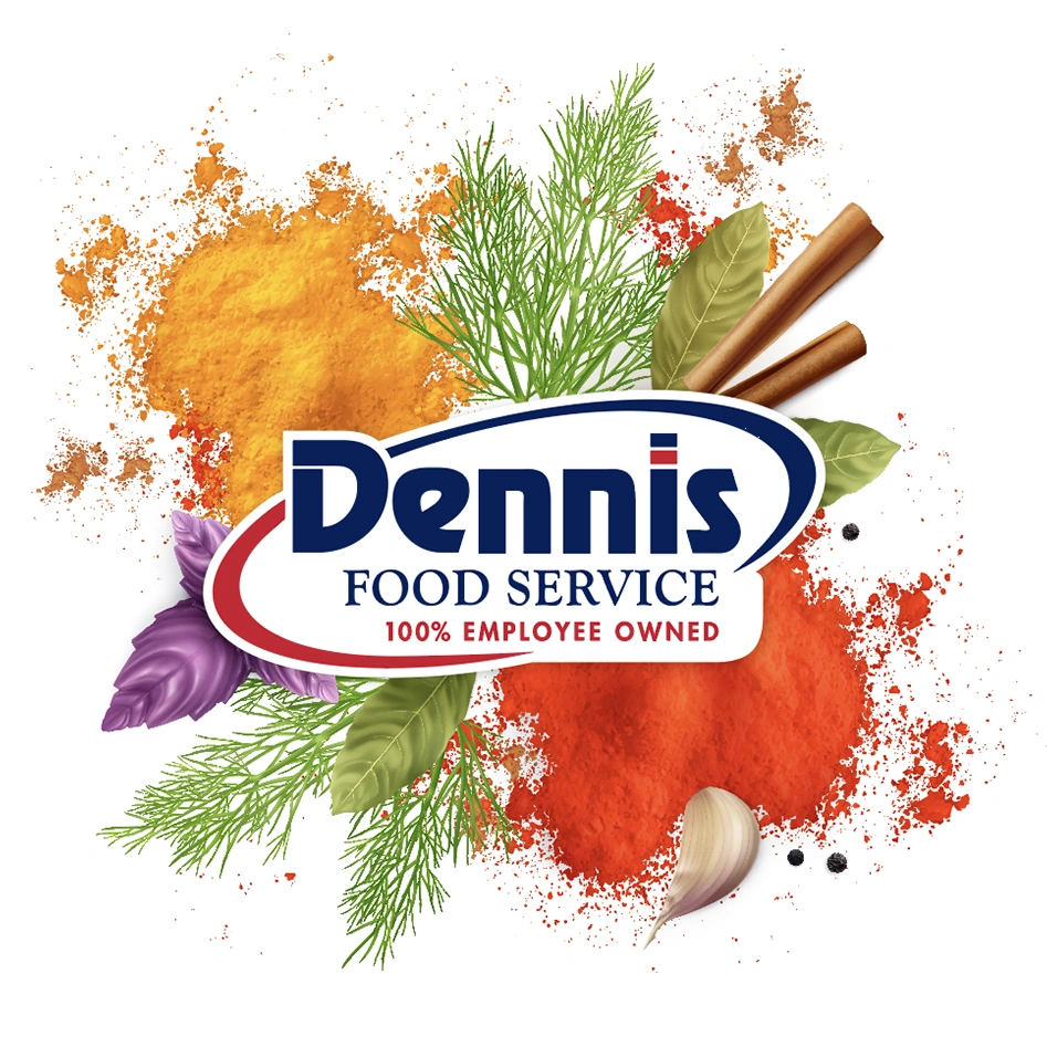 dennis logo with various spices around it, graphic logo element