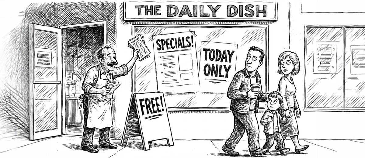 black and white illustration, a restaurant owner waves flyers at a family walking by