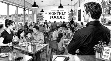 black and white illustrated restaurant scene, wall sign says 